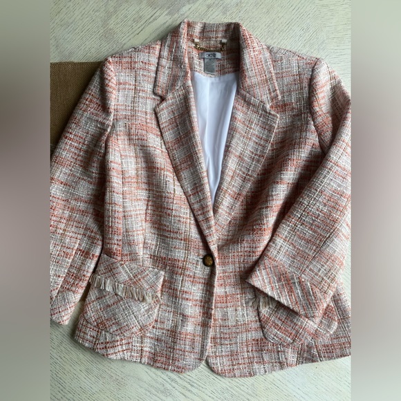 CACHE Women's Tweed Blazer Jacket Size 10” casual 3/4 sleeve Pink/orange/white - Picture 10 of 14